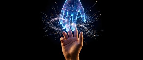 Hand reaching toward glowing AI hologram with digital network connections and data streams on dark background for technology presentations.