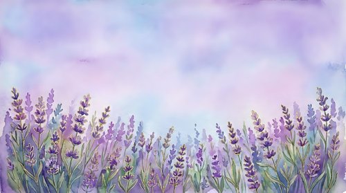 Watercolor lavender field with purple flowers against dreamy pastel sky background for relaxation and aromatherapy designs.