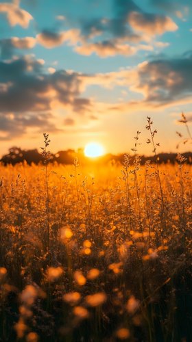 Golden sunset over wildflower meadow with dramatic clouds and warm bokeh effect, creating atmospheric rural landscape at magic hour. Soft focus flora silhouettes against glowing sky.