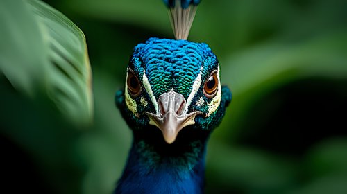 Close-up portrait of majestic peacock head showing iridescent blue feathers and distinctive facial features against natural green foliage background.