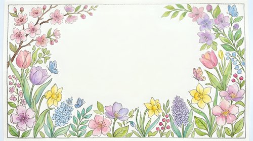 Watercolor spring floral border frame with tulips, daffodils, cherry blossoms and butterflies, pastel colors, white copy space center.