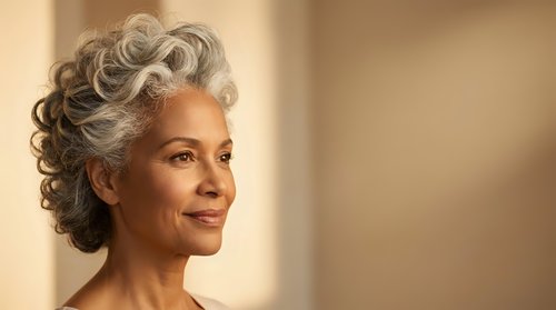 Mature woman with gray curly hair and warm smile, looking to the side in soft natural lighting, representing confidence and elegance for mature beauty and wellness content.