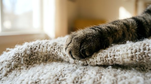 Tabby cat paw resting on soft beige knitted blanket indoors, cozy home comfort and pet companionship concept for lifestyle and wellness content.