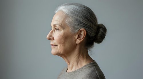 Senior woman with gray hair in profile, wearing neutral beige sweater against gray background. Mature adult portrait for healthcare, wellness, aging, and lifestyle editorial use.