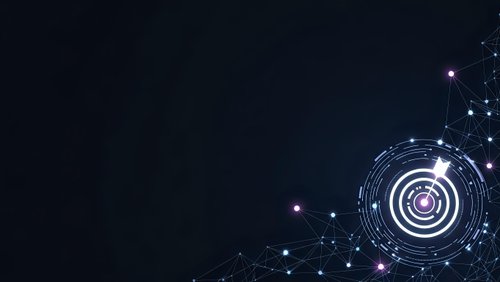 Futuristic digital network with glowing circular interface and connected nodes on dark blue gradient background for technology presentations.