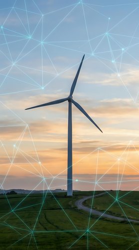 Wind turbine standing in rural landscape at sunset with digital network overlay representing renewable energy connectivity and smart grid technology for sustainable power generation.