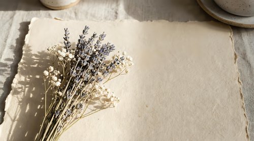 Dried lavender and baby's breath flowers on textured paper with soft shadows, natural botanical arrangement for spa, wellness and aromatherapy concepts.