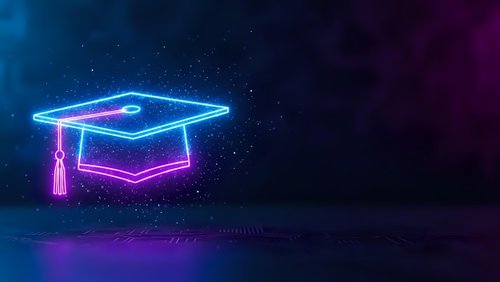 Neon graduation cap glowing in blue and pink lights against dark starry background for education and achievement concepts.
