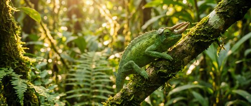 Green moss covering tree branch in lush tropical rainforest with ferns and dappled sunlight filtering through canopy creating peaceful natural atmosphere.