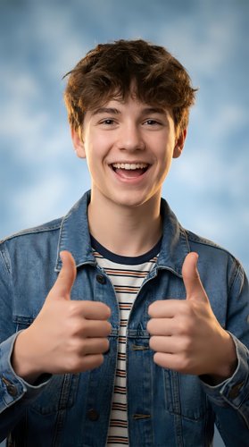 Happy teenage boy with braces giving thumbs up gesture wearing denim jacket and striped shirt against cloudy sky background for youth lifestyle content.