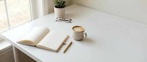 Minimalist workspace with open notebook, pen, coffee cup, eyeglasses, and potted plant on white desk by window for creative work and productivity.