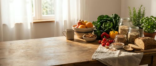 Rustic wooden kitchen table with fresh vegetables, herbs, bread and natural ingredients in warm sunlight for healthy cooking and meal preparation.
