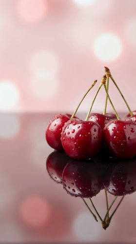 Fresh red cherries with water drops on reflective surface against soft pink bokeh background for summer fruit and healthy eating concepts.