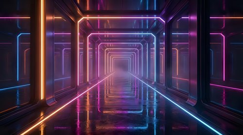 Futuristic neon tunnel with glowing purple and orange lights creating perspective corridor for sci-fi backgrounds and digital art projects.