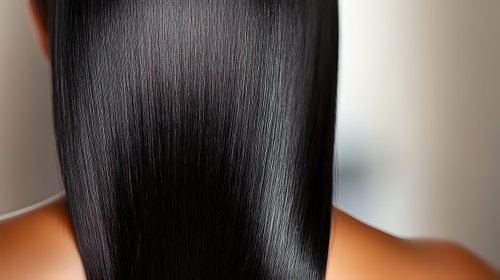 Silky smooth straight black hair close up showing healthy shine and glossy texture against soft blurred background, beauty and haircare concept.
