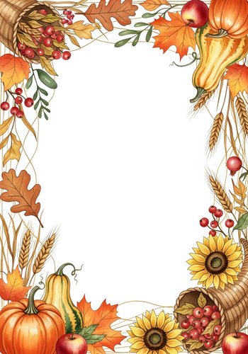 Autumn harvest frame with pumpkins, sunflowers, wheat, and fall foliage on white background. Isolated design element suitable for invitations, cards, and seasonal marketing materials.