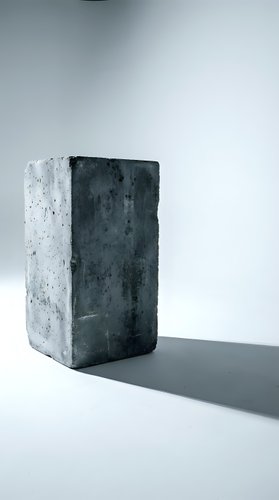 Weathered concrete block casting dramatic shadow on white surface in minimalist studio setting for architectural and construction design projects.