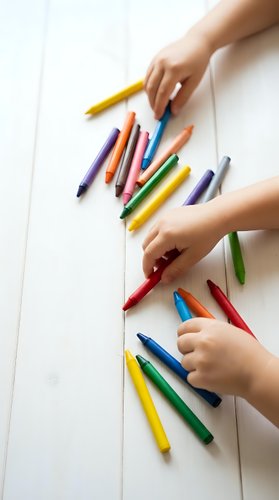 Child hands reaching for colorful crayons scattered on white wooden surface for creative art projects and educational activities.