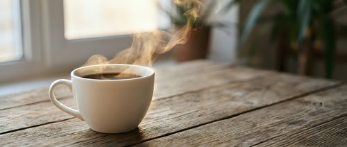 Steaming hot coffee cup on rustic wooden table with warm morning sunlight streaming through window creating cozy atmosphere for relaxation and comfort.