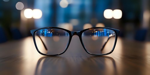 Modern black eyeglasses on wooden surface with blurred city lights bokeh background reflecting in lenses, shallow depth of field macro photography.