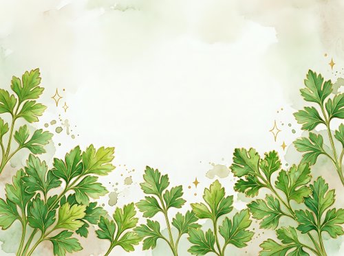 Watercolor parsley and herb leaves border on cream background with golden sparkles, isolated design element for culinary, organic, and botanical projects.