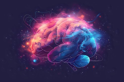 Glowing brain illustration in vibrant pink and blue colors with cosmic nebula effect against dark space background, representing mind power and consciousness.