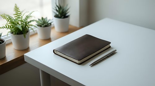 Minimalist workspace with leather notebook and pen on white desk, small potted plants on wooden shelf creating clean organized home office environment.