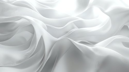 Elegant white silk fabric with soft waves and gentle folds creating smooth flowing curves and graceful ripples. Luxurious textile background for fashion and wedding designs.