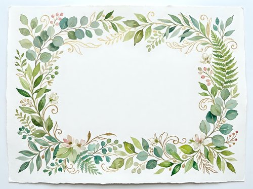 Watercolor botanical frame with green leaves, eucalyptus branches and delicate florals on white background for wedding invitations and greeting cards.