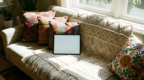 Tablet with blank white screen on a boho-style sofa with colorful pillows and macrame blanket in a sunny living room.