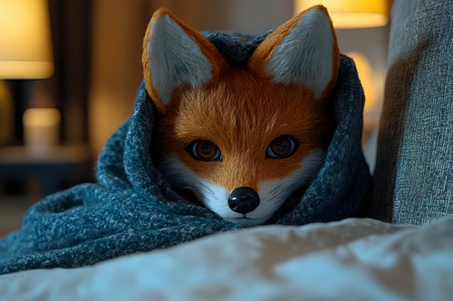 Red fox wrapped in cozy blue blanket looking directly at camera with bright blue eyes against warm ambient lighting, creating intimate portrait mood.