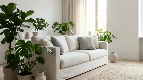 Bright living room with beige sofa, potted green plants, natural light from windows, and minimalist home decor for interior design and lifestyle content.