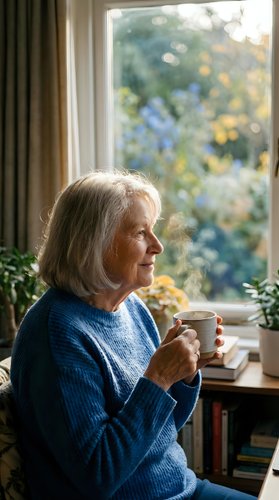 Senior Caucasian woman in blue sweater holding a steaming mug, gazing thoughtfully out a sunlit window surrounded by green plants.