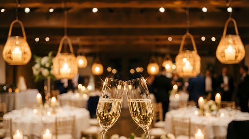 Champagne glasses toast at elegant wedding reception with string lights and rustic decor creating romantic atmosphere for celebration.