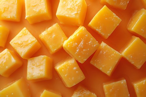 Fresh diced cheddar cheese cubes arranged in rows on orange background, macro food photography showing texture and detail for culinary and dairy concepts.