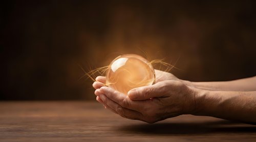 Hands holding glowing golden sphere against dark background, symbolizing innovation, energy, and future vision for business and technology concepts.