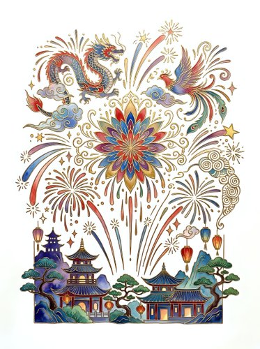 Colorful Asian-inspired celebration artwork featuring ornate dragon, phoenix, mandala flower, fireworks, and pagoda architecture on white background for design projects.
