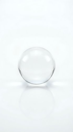 Clear glass sphere crystal ball on white background with reflection for fortune telling meditation and spiritual practices.