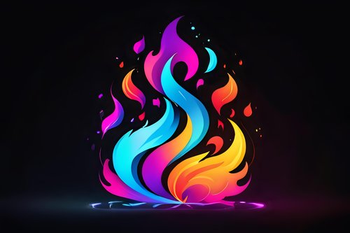 Vibrant multicolored flame design with flowing curves in neon blue, purple, pink, and orange against dark background, creating dynamic abstract art composition.