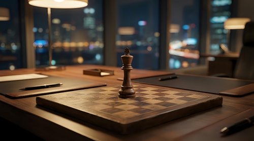 Single chess pawn on wooden board in modern office with city skyline view at night, representing strategy, business planning, and corporate decision-making.
