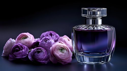 Luxury perfume bottle with purple ranunculus flowers on dark background for cosmetics and fragrance advertising campaigns.