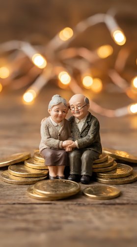 Elderly couple figurines sitting on golden coins with warm bokeh lights background representing retirement savings and financial security planning.