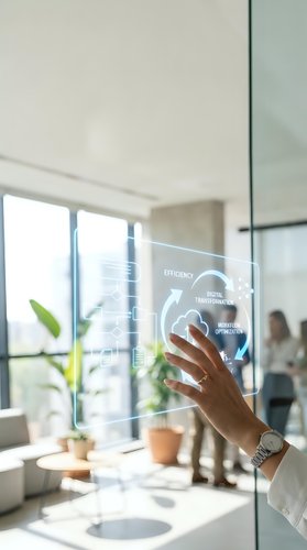 Professional interacting with digital transformation interface on glass panel in modern office environment with natural light and colleagues in background.