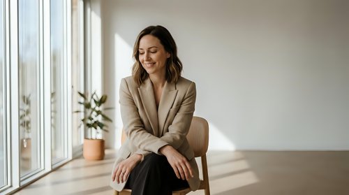 Young professional woman in beige blazer sitting by window in modern office space, smiling confidently with natural lighting for business content.