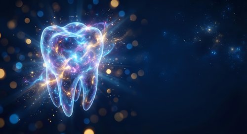 Glowing tooth with energy waves and light effects on dark blue background for dental care and oral health concepts.