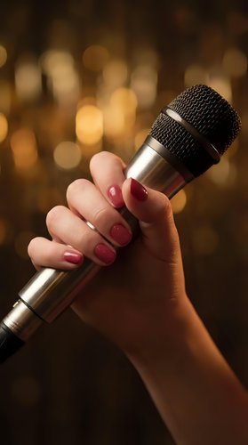 Female hand holding microphone with red manicured nails against warm bokeh lights background for karaoke singing performance entertainment.