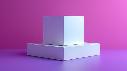 White geometric cube podium on purple gradient background with soft lighting and shadows for product display and presentation purposes.