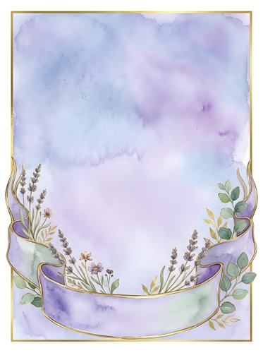 Watercolor lavender and eucalyptus frame with soft purple and blue washes, gold border, isolated on white background for invitations, greeting cards, and design projects.