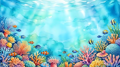 Vibrant underwater coral reef scene with tropical fish, marine life and sunlight rays filtering through crystal clear ocean water for diving themes.