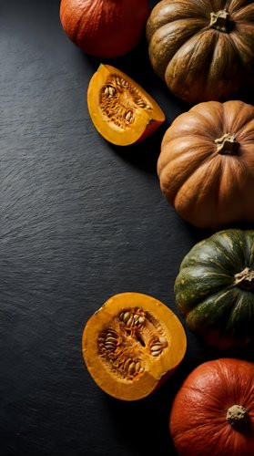 Assorted pumpkins and squash varieties on dark slate background for autumn harvest cooking and seasonal recipes.